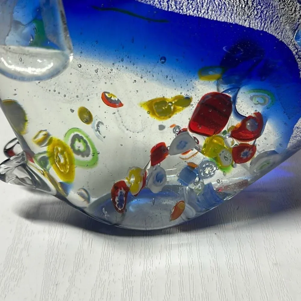 Vintage Art Glass Hand Blown Dog Figure Millefiori Cobalt Blue‎ Multicolor Heavy